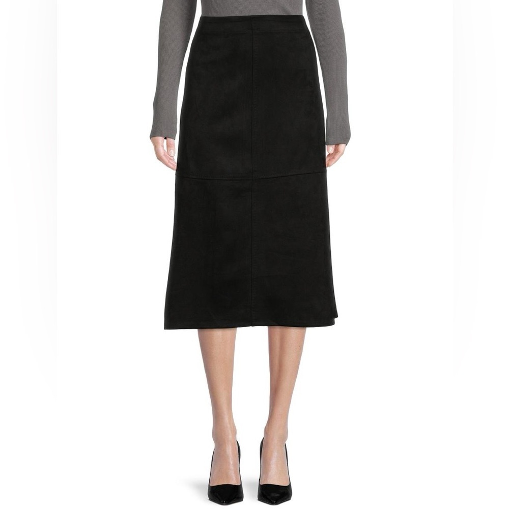 Max Studio Women's Black Faux Suede A-Line Midi Skirt Sz Large Chic Professional